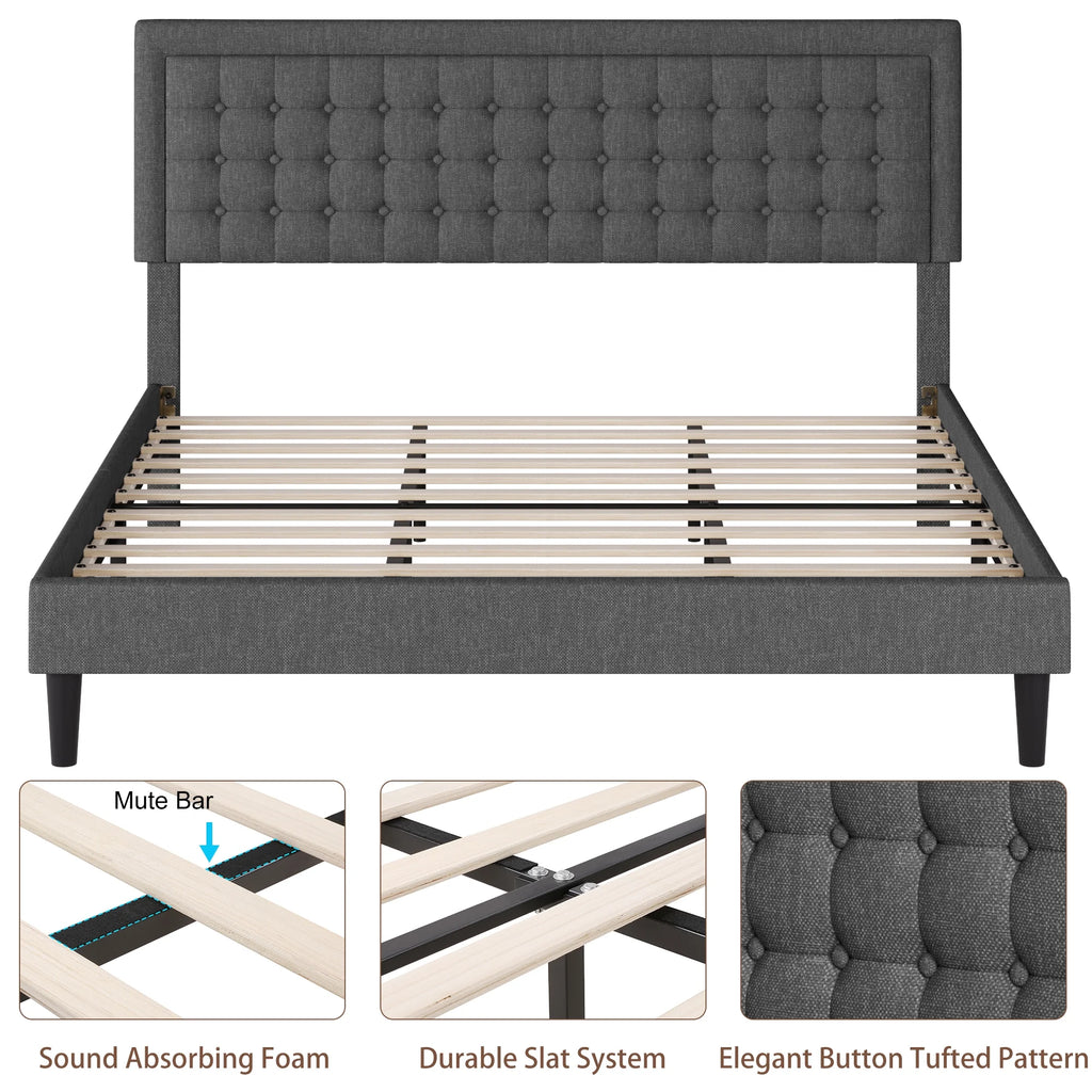 King Size Gray Linen Fabric Bed Frame with Tufted Headboard O122529