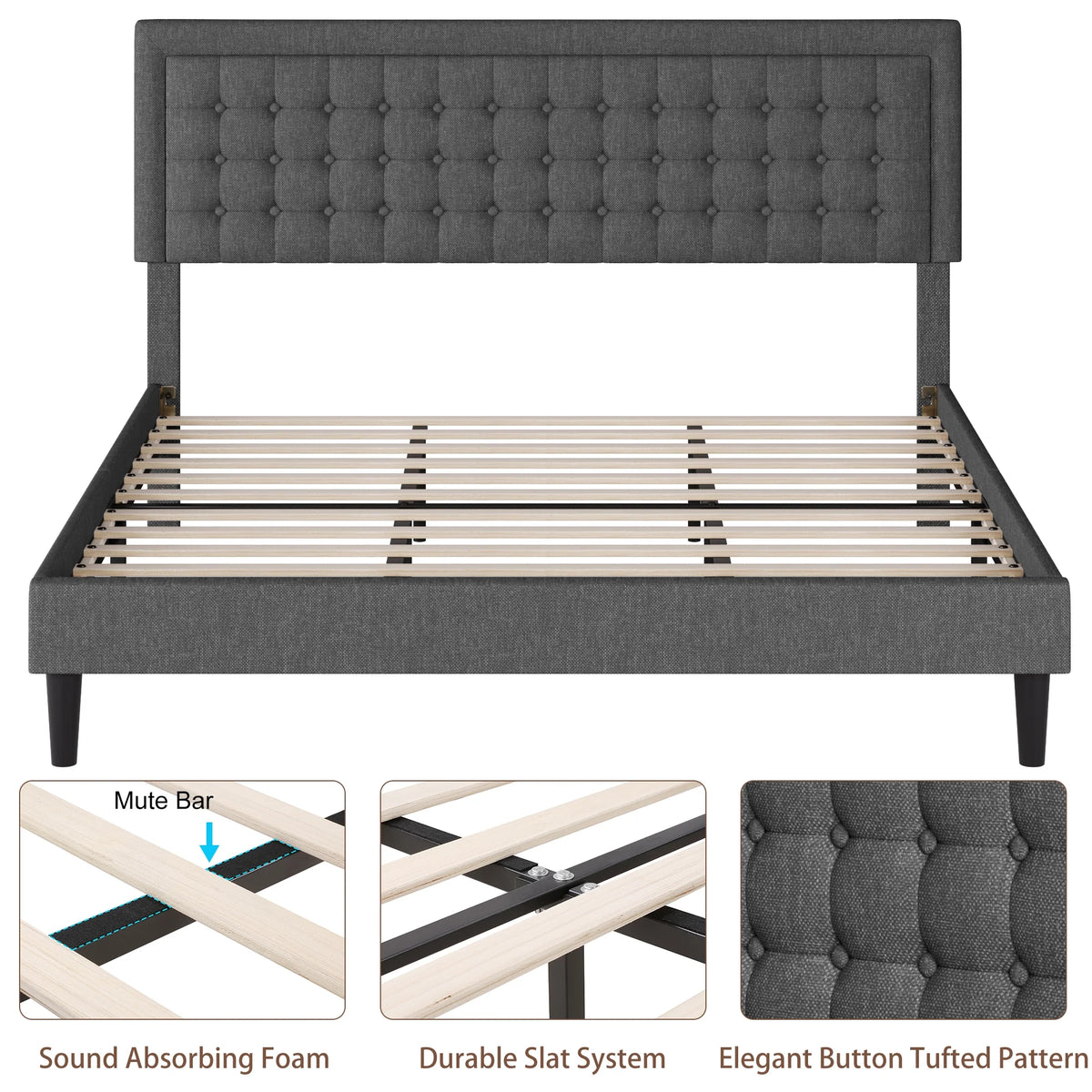 King Size Gray Linen Fabric Bed Frame with Tufted Headboard O122529