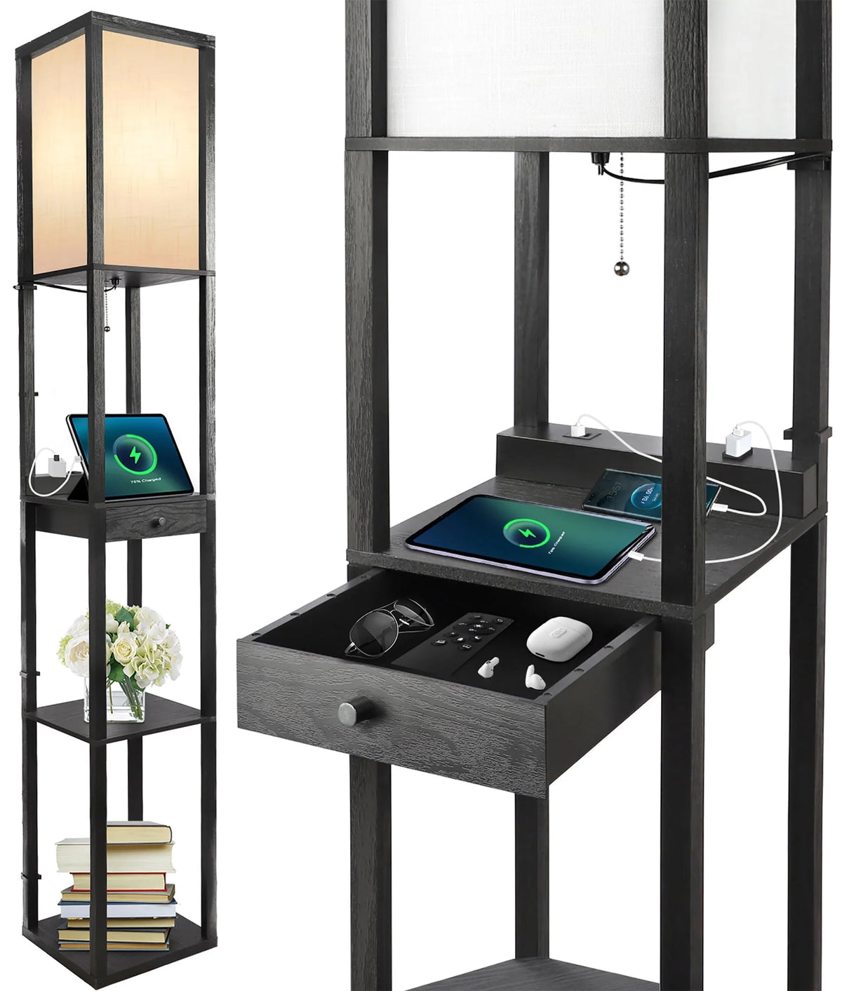 Floor Lamp with Shelves, USB Port, Linen Shade I570150