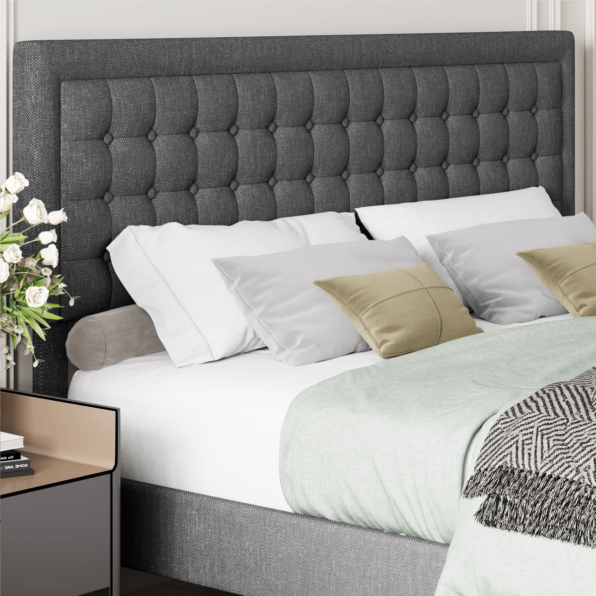 King Size Gray Linen Fabric Bed Frame with Tufted Headboard O122529