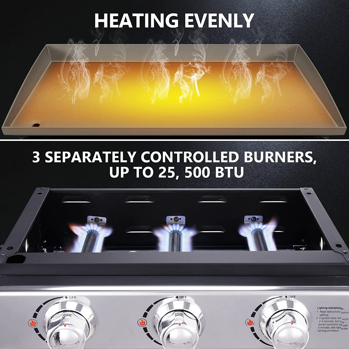 23in 3-Burner Propane Gas Griddle, 355 sq in, 25,500 BTU G483