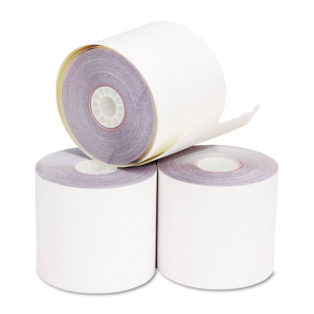 2.25x22 x 70 ft White Canary Carbonless Paper Rolls, 50/Carton X6596