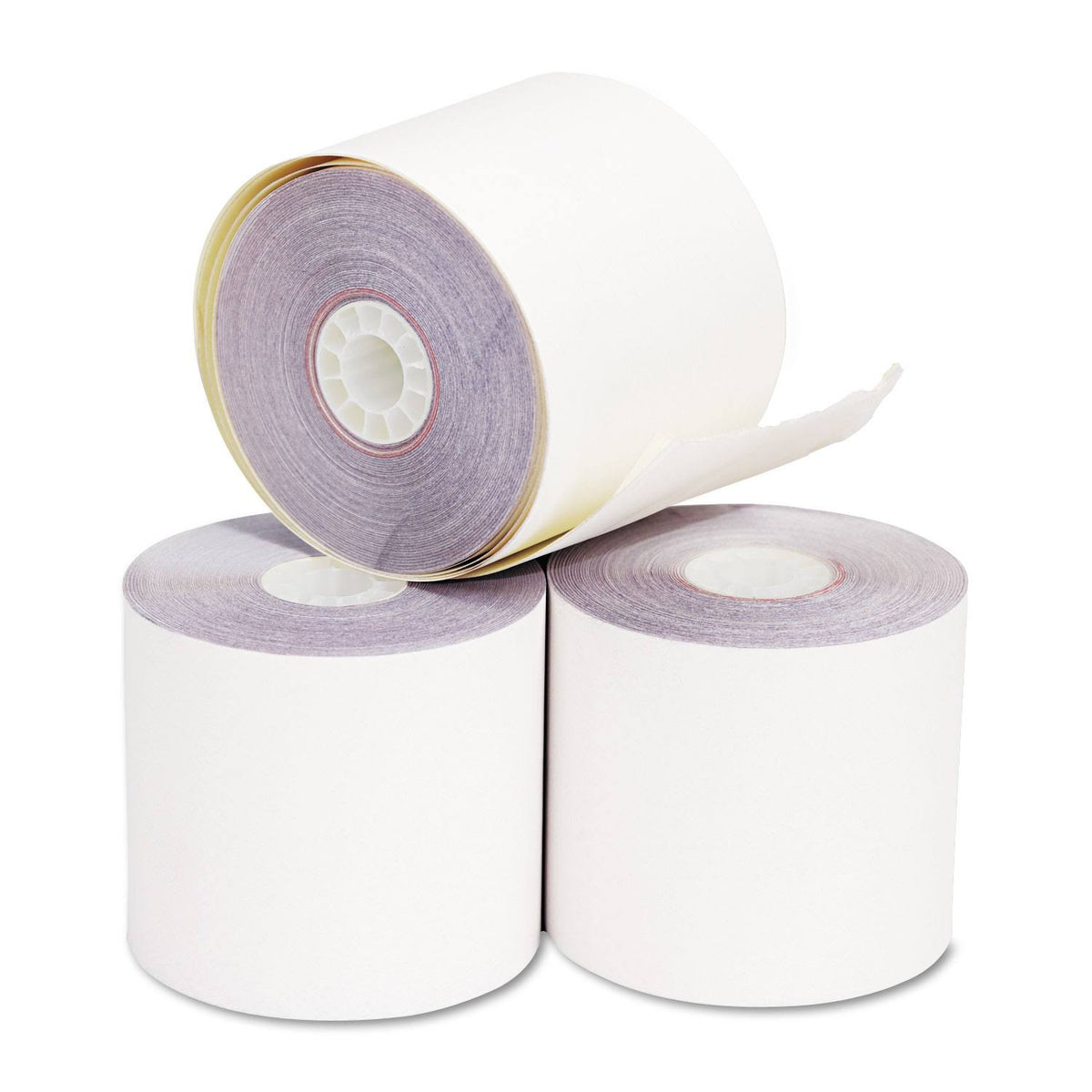 2.25x22 x 70 ft White Canary Carbonless Paper Rolls, 50/Carton X6596