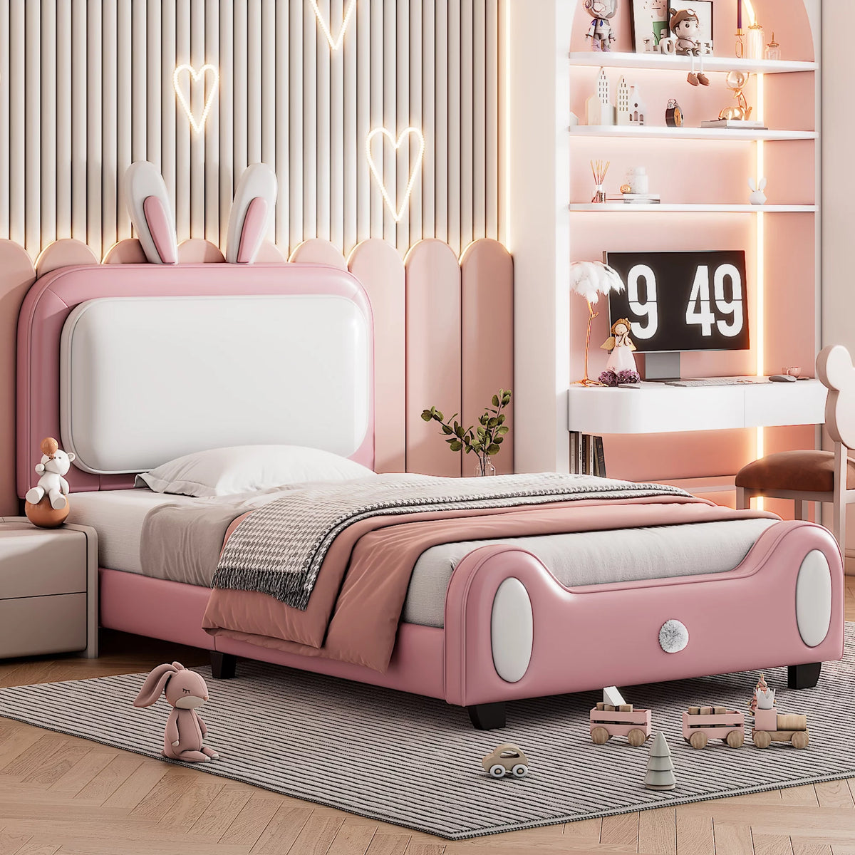 White Pink Twin Size Upholstered Platform Bed Frame with Headboard and Footboard U4526