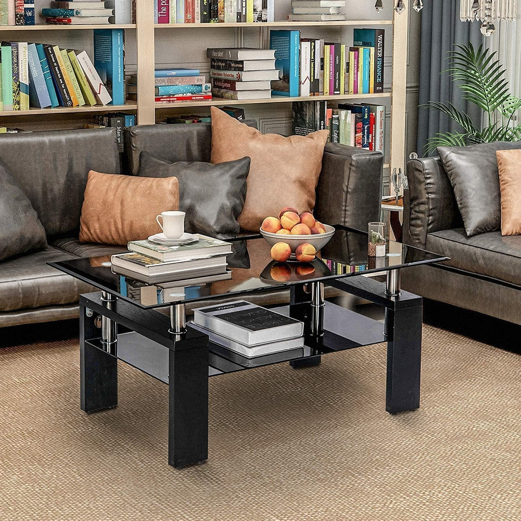 Black Rectangle Glass Coffee Table with Shelf and Wooden Legs J66651