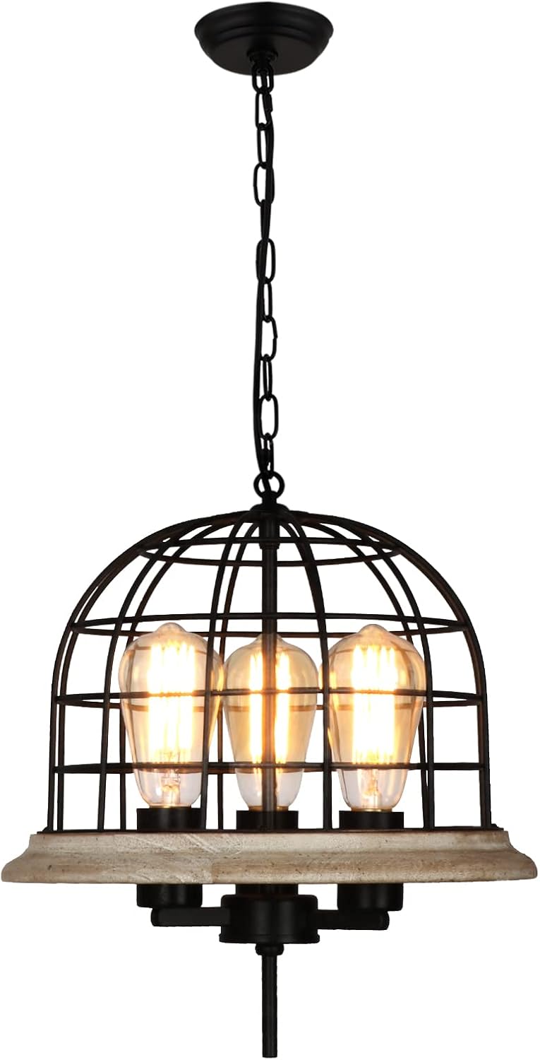 Round Rustic Chandelier Light Fixture, 3-Light Metal Wood Globe Cage Shade L8202