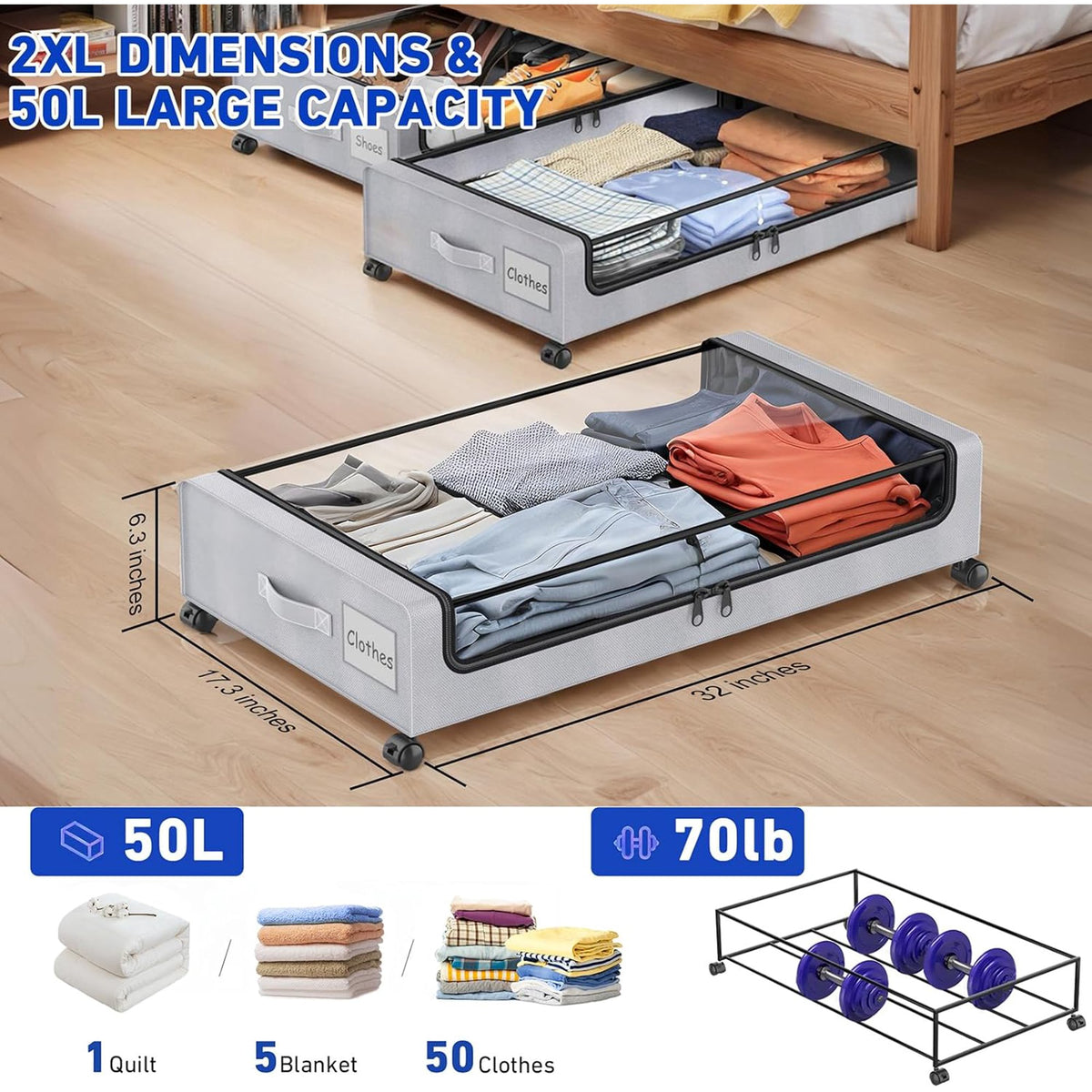 Gray 4-Pack 60L Under Bed Storage Bins with Wheels and Clear Lids C7312