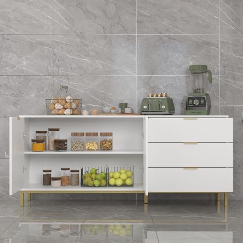White Sideboard Storage Cabinet with Drawers and Doors, Gold Metal Frame Legs U7806