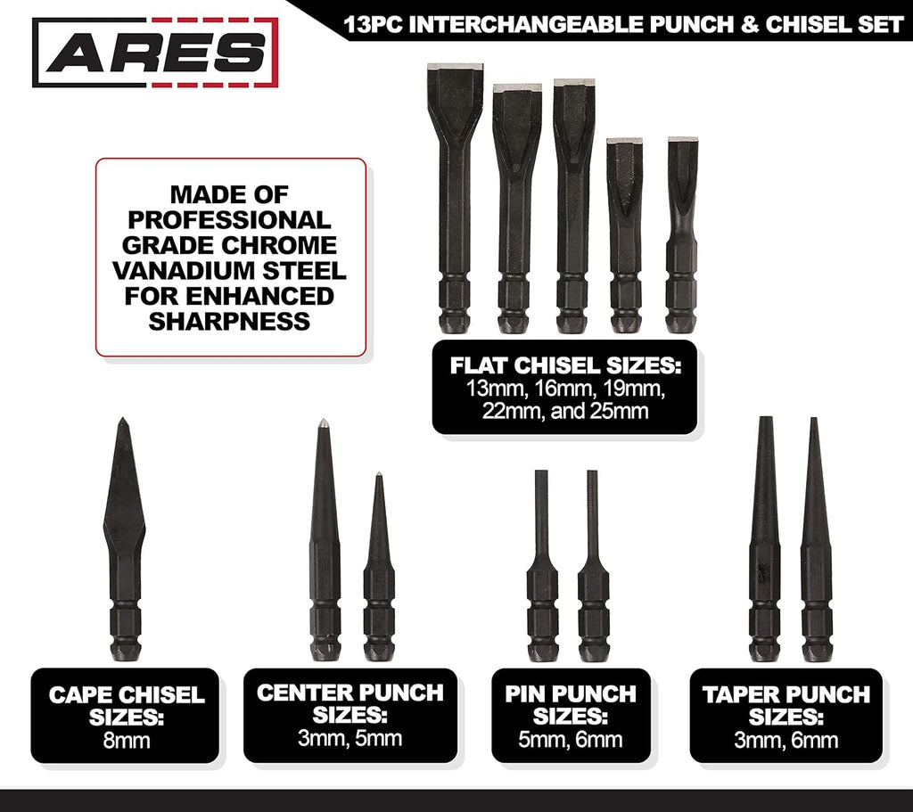 13-Piece Interchangeable Punch and Chisel Set with Chrome Vanadium Steel Handle S299694