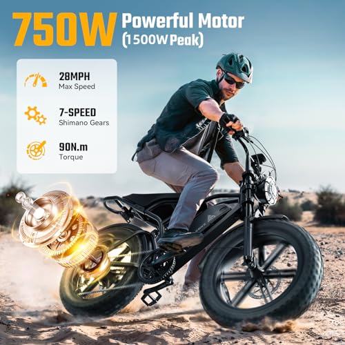 1500W Peak Brushless Motor 28 MPH 60 Miles Fat Tire E Bike with 48V 15Ah Removable Battery 20" Electric Dirt Bike Hydraulic Suspension 7-Speed J380422