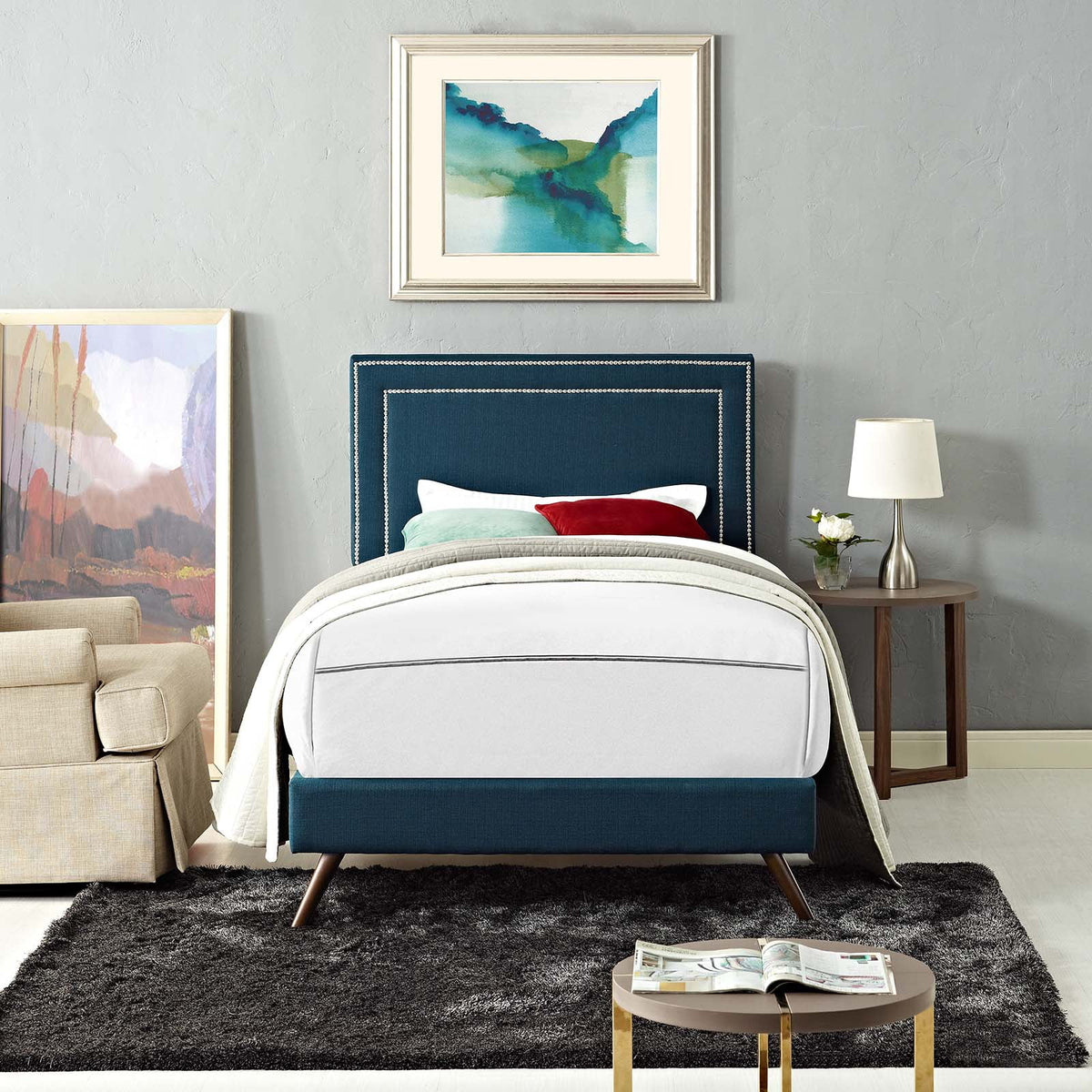 Twin Fabric Platform Bed with Round Splayed Legs in Azure D247092
