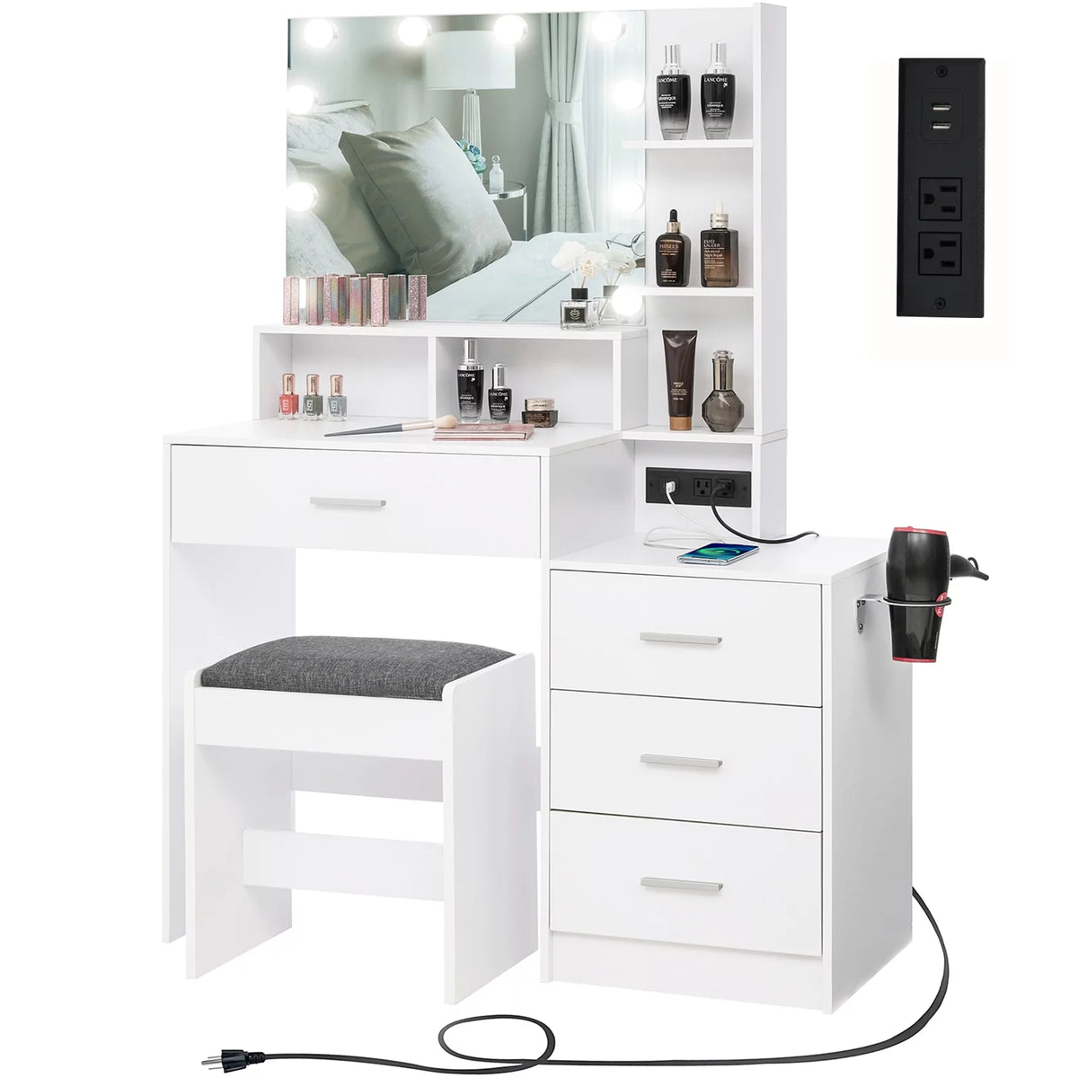 Large White Vanity Table Set with Lighted Mirror and 4 Drawers P70451