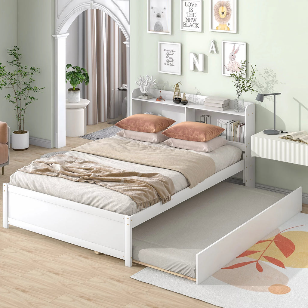 Twin Bed Frame with Trundle and Storage Bookcase Y75595