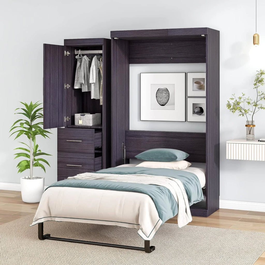 Gray Foldable Storage Bed with Wardrobe and Drawers B69359