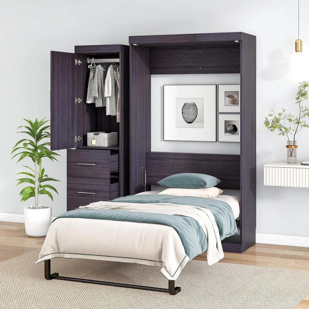 Gray Foldable Storage Bed with Wardrobe and Drawers B69359