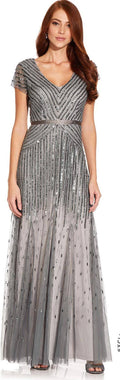 Beaded V-Neck Gown, Pewter Silver, Size: 12 C263