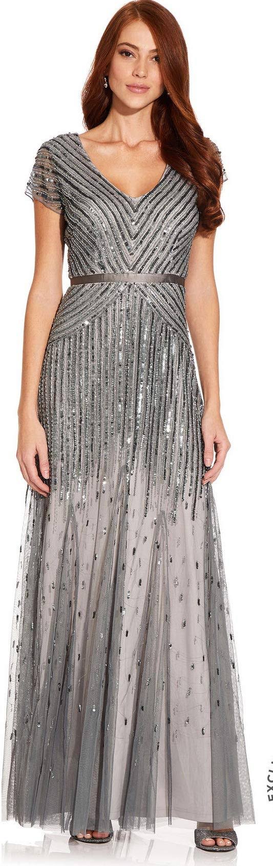 Beaded V-Neck Gown, Pewter Silver, Size: 12 C263