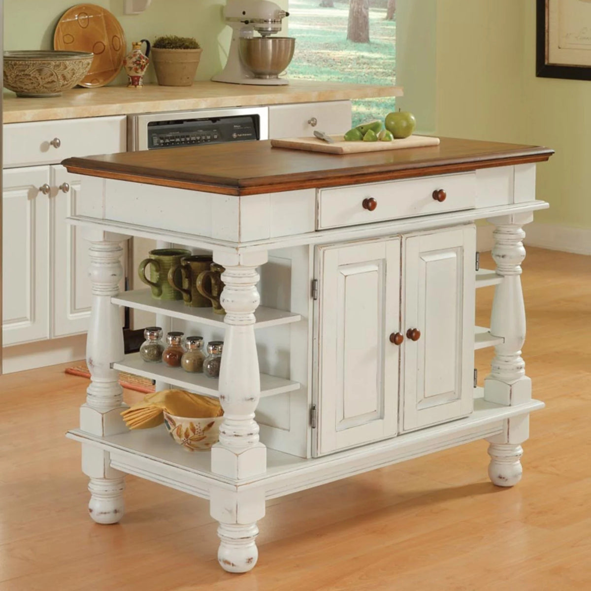 Off White Wood Kitchen Island with Storage and Open Shelves O97883