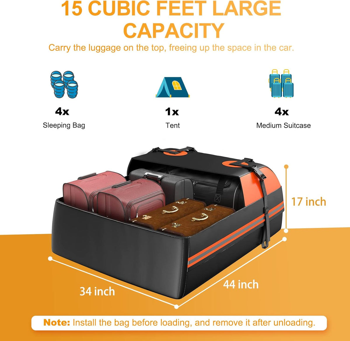 Waterproof 15 Cubic feet Car Rooftop Cargo Carrier Bag A76858
