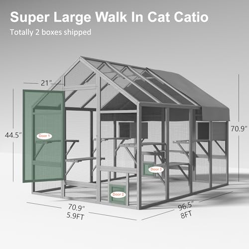 Large Catio Outdoor Cat Enclosure with 7 Platforms, 2 Resting Box and 2 Bridges, 71 x 71 x 97 inch M903040