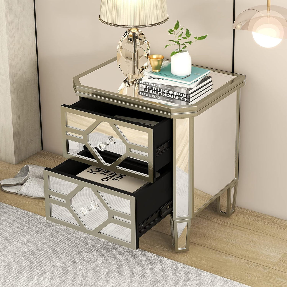 Mirrored 2-Drawer Nightstand End Table with Golden Lines, Silver Q107538