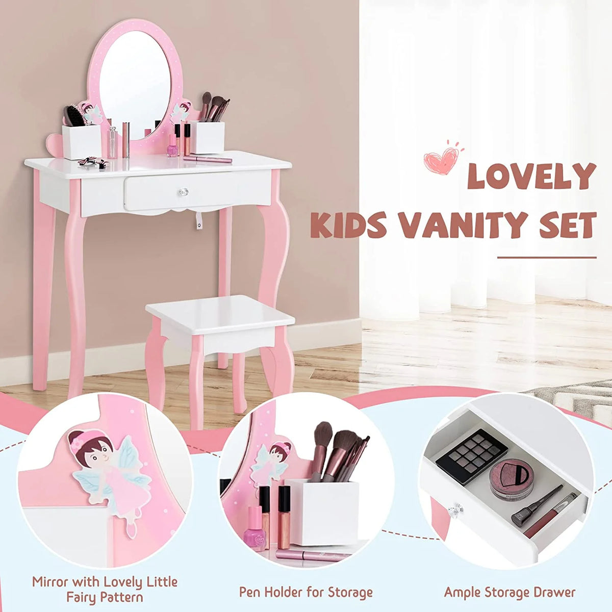 Kids Vanity Set with Mirror and Stool S7804