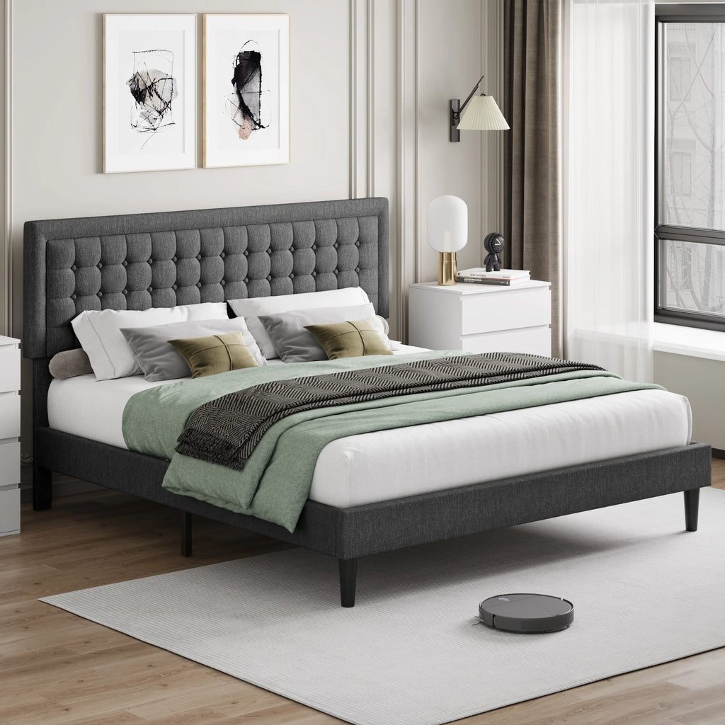 King Size Gray Linen Fabric Bed Frame with Tufted Headboard O122529