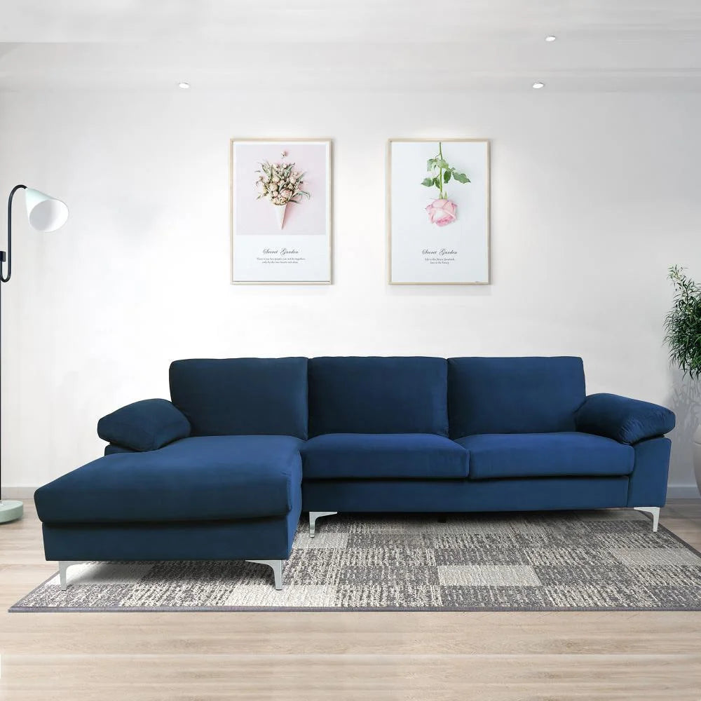 Blue Velvet L-Shaped Sectional Sofa with Metal Legs A555