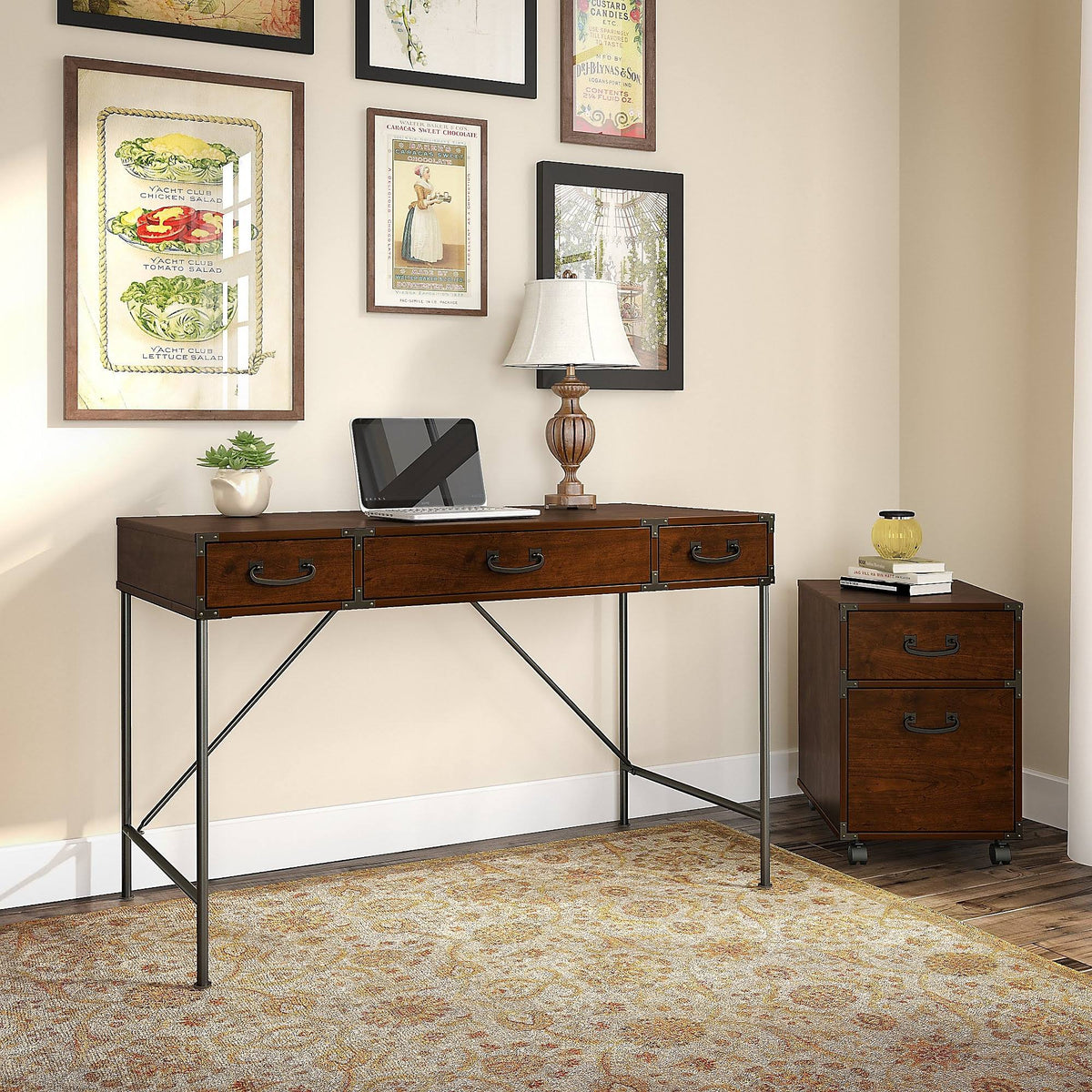 48W Writing Desk and 2 Drawer Mobile File Cabinet, Coastal Cherry Q776