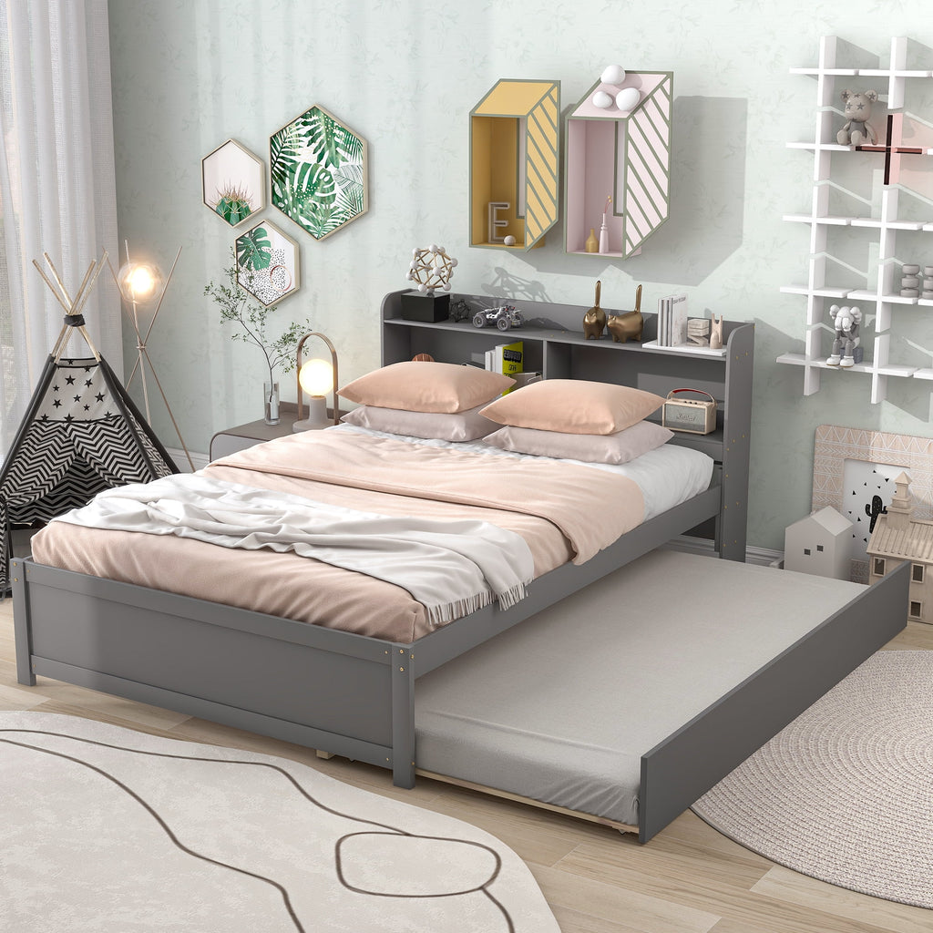 Twin Bed Frame with Trundle and Storage Bookcase Y75595
