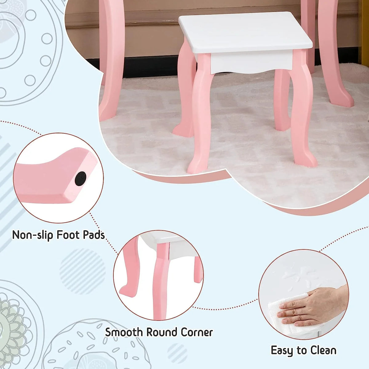 Kids Vanity Set with Mirror and Stool S7804