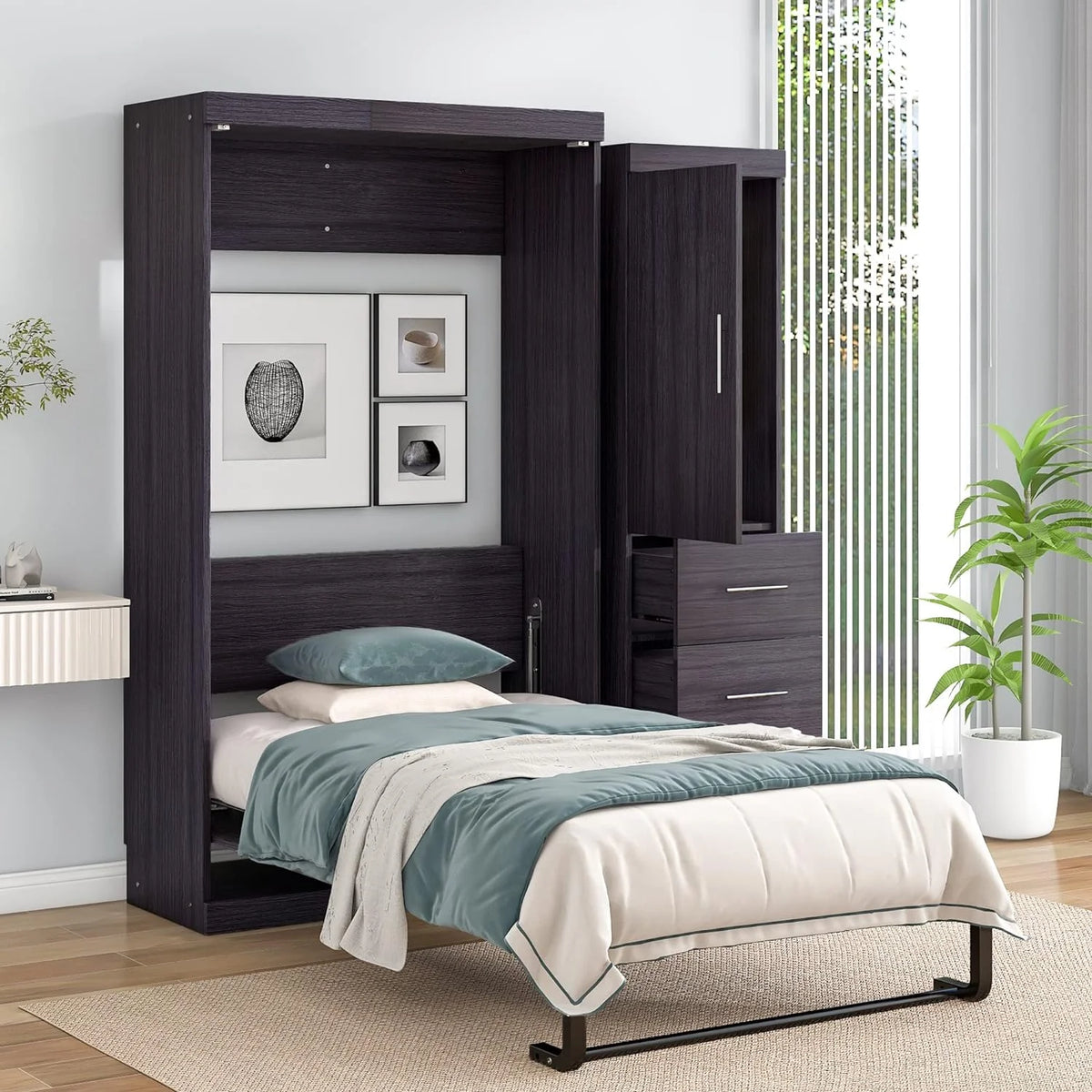Gray Foldable Storage Bed with Wardrobe and Drawers B69359