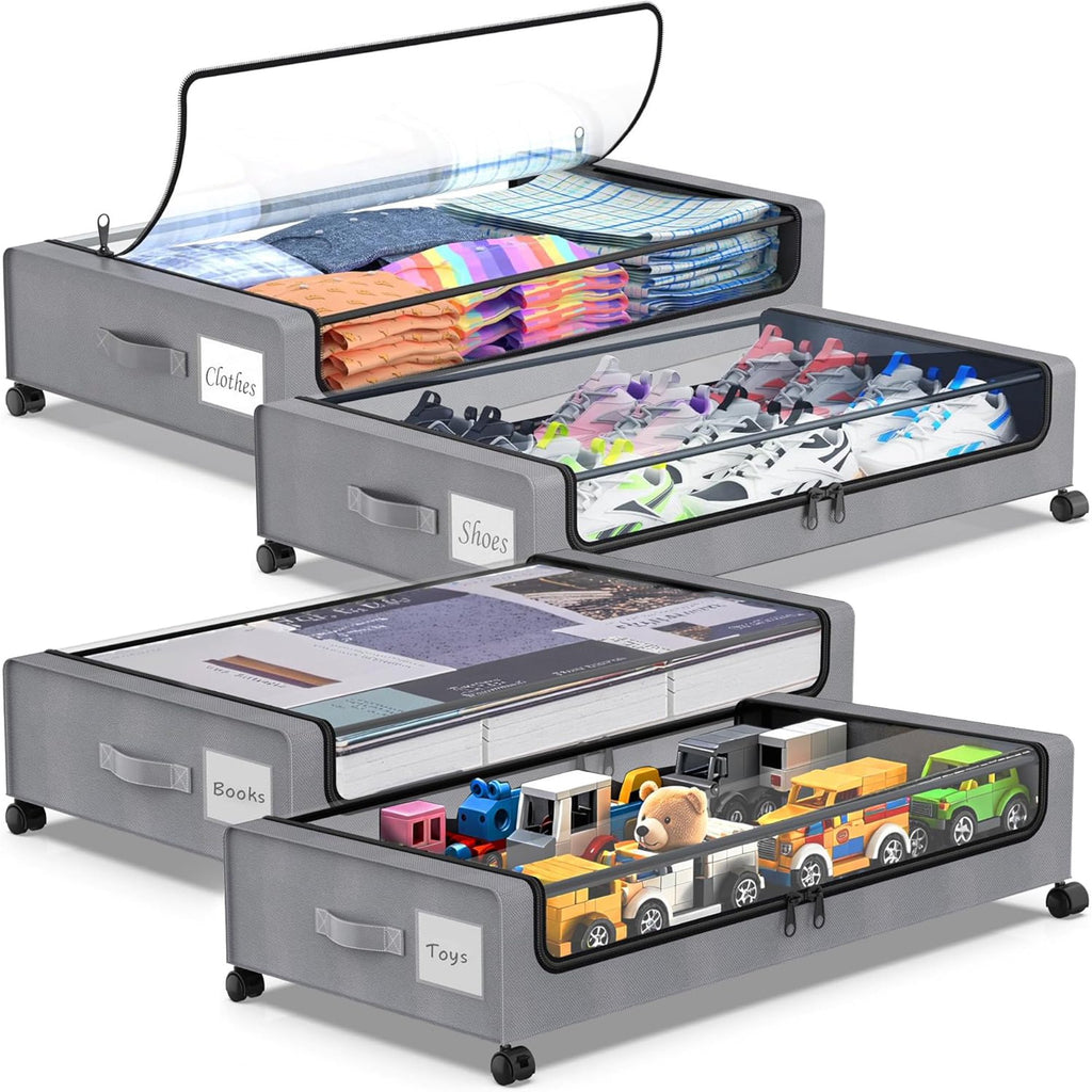 Gray 4-Pack 60L Under Bed Storage Bins with Wheels and Clear Lids C7312