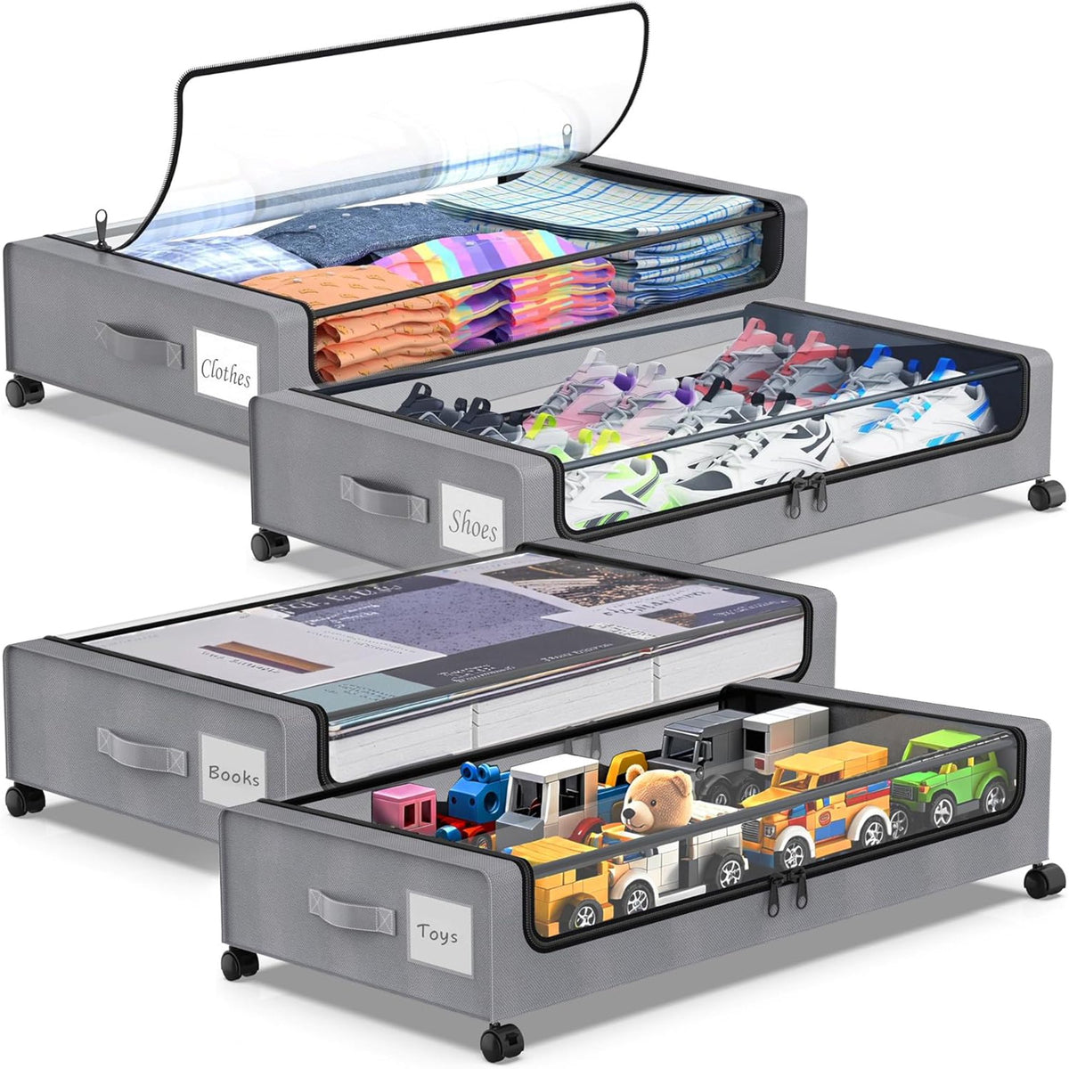 Gray 4-Pack 60L Under Bed Storage Bins with Wheels and Clear Lids C7312