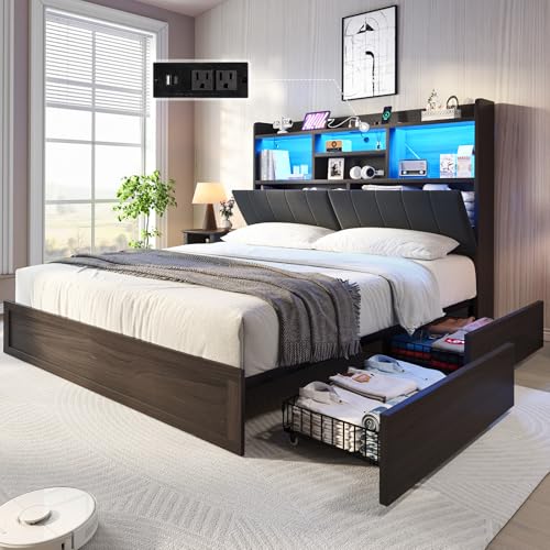 Black Farmhouse Bed Frame with Bookcase Headboard and 4 Drawers G23714