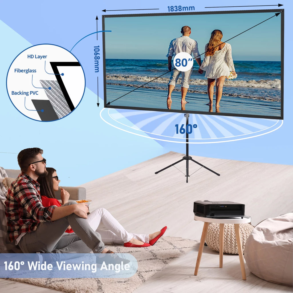 Portable Projector Screen with Stand, 80 Inch 16:9 Tripod Projection Screen I915
