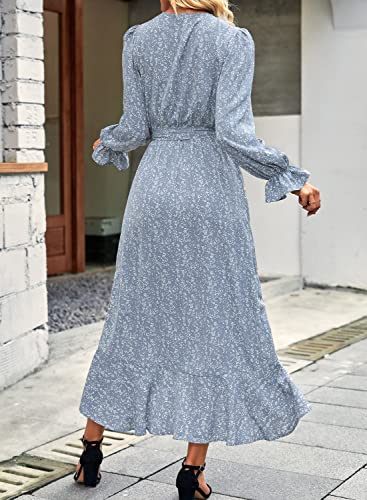 Women Long Sleeve Wrap Maxi Dress V Neck Floral High Waist Flowy Ruffle Dresses with Belt M273