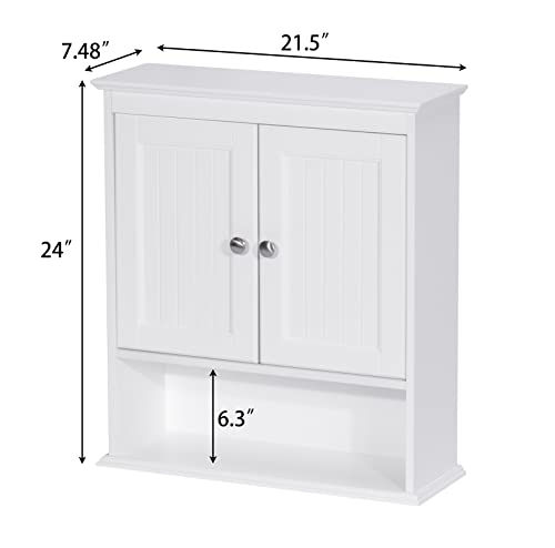 White Wood Bathroom Wall Cabinet with Doors and Shelves L508355
