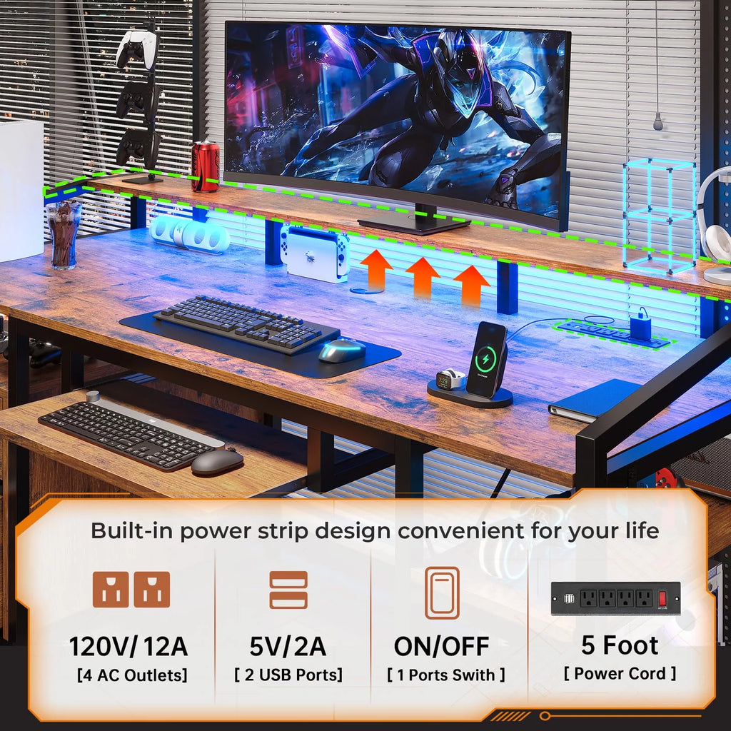 Computer Desk with LED Light and Power Outlet, 63 inches Gaming Desk with Lock Drawers W86428