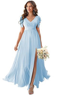 V Neck Flutter Sleeves Chiffon Aline Bridesmaid Dress with Slit N615289