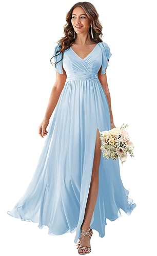 V Neck Flutter Sleeves Chiffon Aline Bridesmaid Dress with Slit N615289