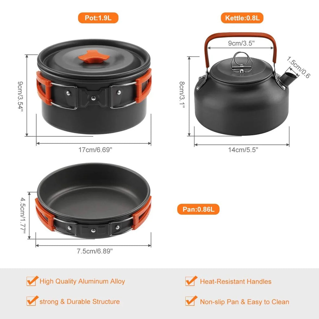 Camping Cookware Mess Kit Pot Pan Kettle Cooking Set Tableware with Spoon Fork Cutter I927851