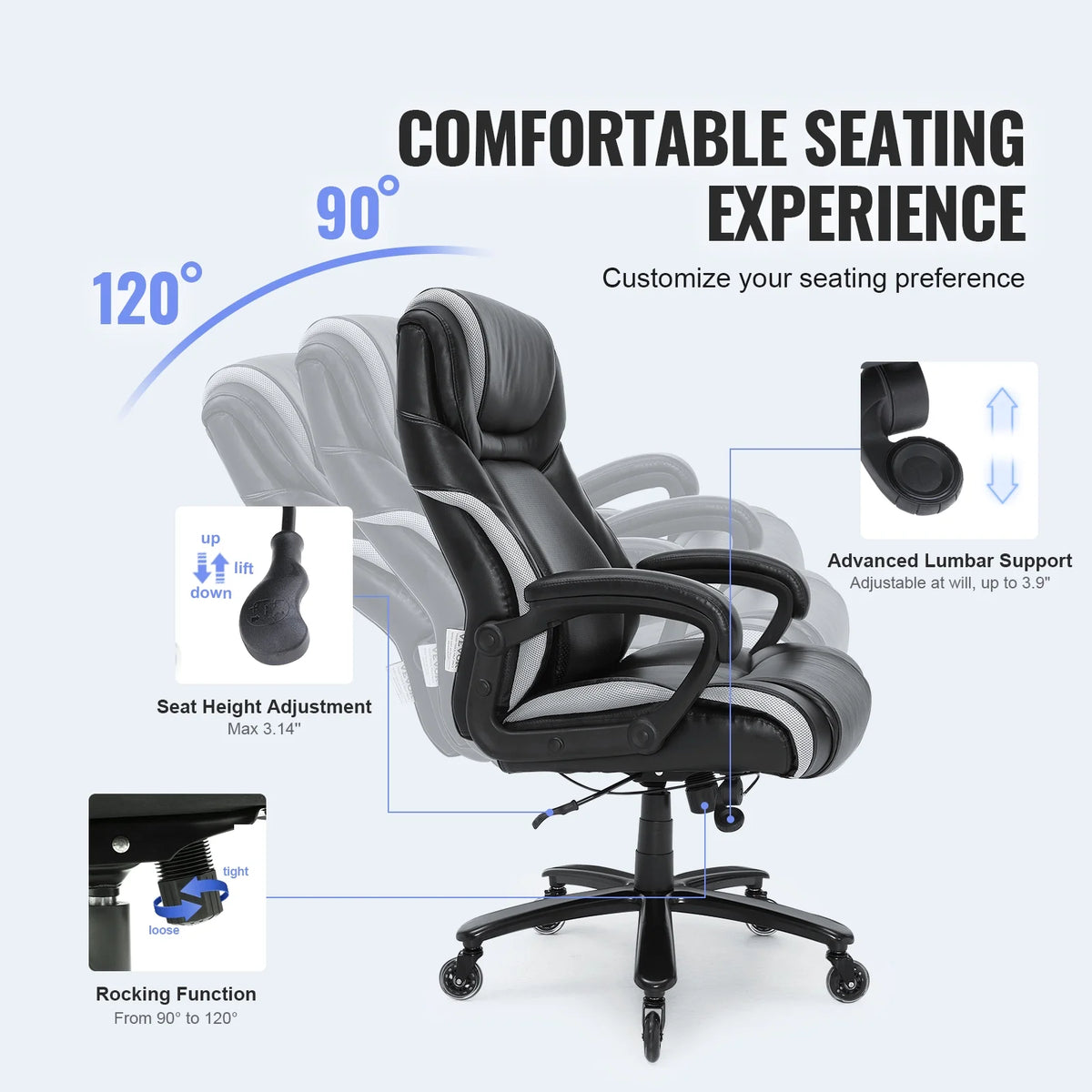 High Back 400 lbs Leather Executive Office Chair with Lumbar Support G9899