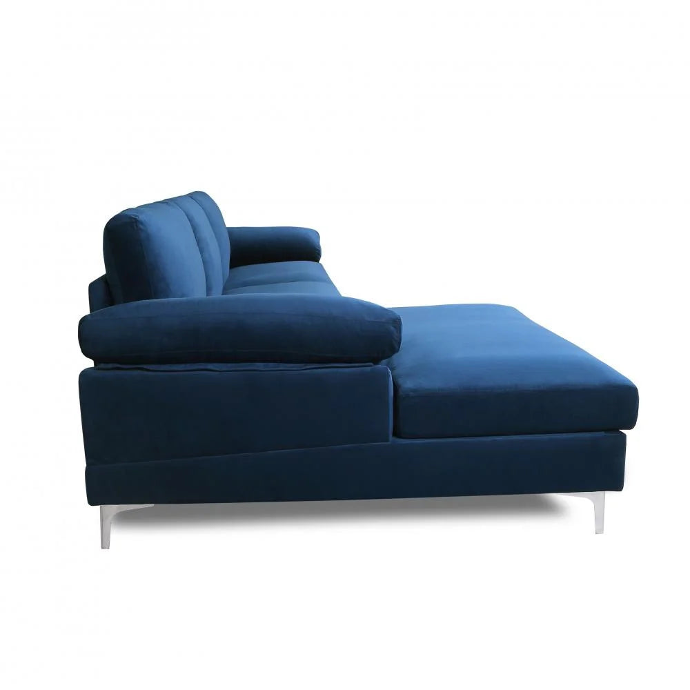 Blue Velvet L-Shaped Sectional Sofa with Metal Legs A555