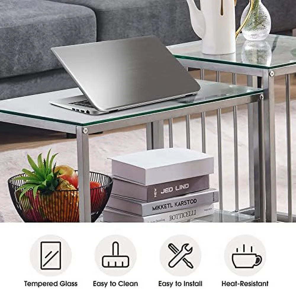 Silver Glass Coffee Table Set with Metal Base D1081