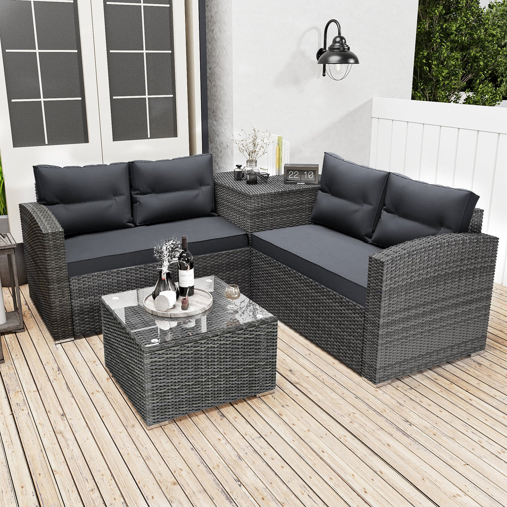 4 Pieces PE Rattan Sectional Sofa Set with Glass Table K171