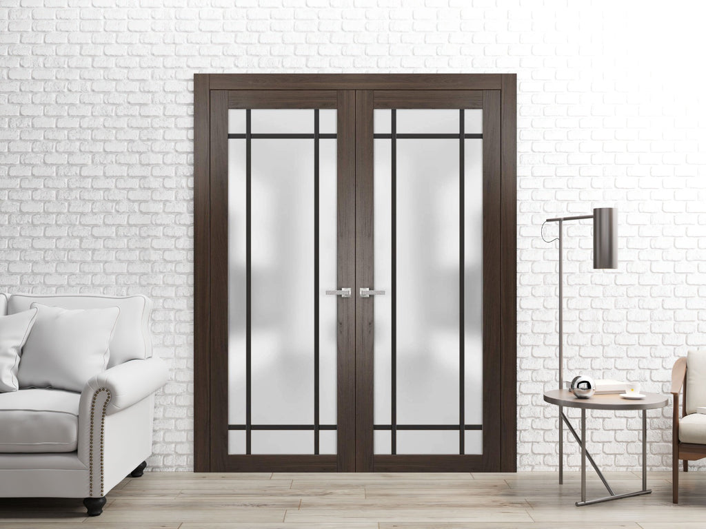 Solid French Double Doors 48 x 80 inches Wood Frosted Glass K8442