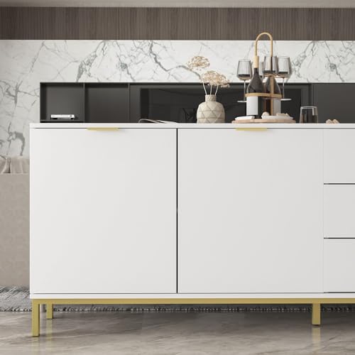 White Sideboard Storage Cabinet with Drawers and Doors, Gold Metal Frame Legs U7806