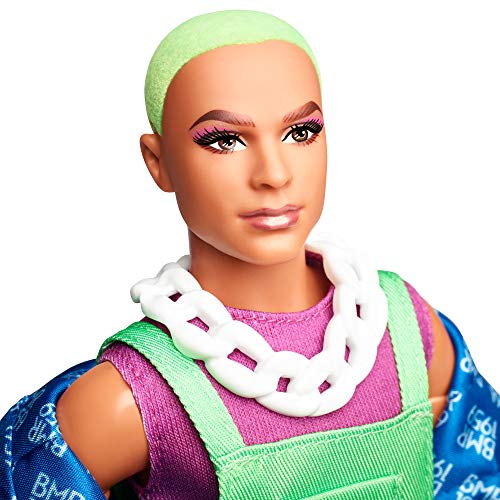 Fully Poseable Fashion Doll with Neon Hair, Neon Overalls, Puffer Jacket, Accessories, and Doll Stand I26952