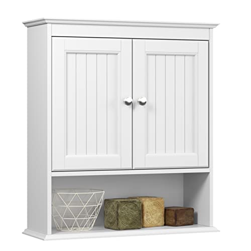 White Wood Bathroom Wall Cabinet with Doors and Shelves L508355